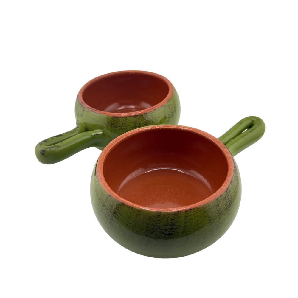 De Silva Italy Green Glazed Terracotta Soup Crock Bowls Rustic Pottery Set of 2